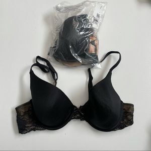 Maidenform T Shirt Bra Underwire Padded Lace Mixed Media Set Lot 2 Black Nude